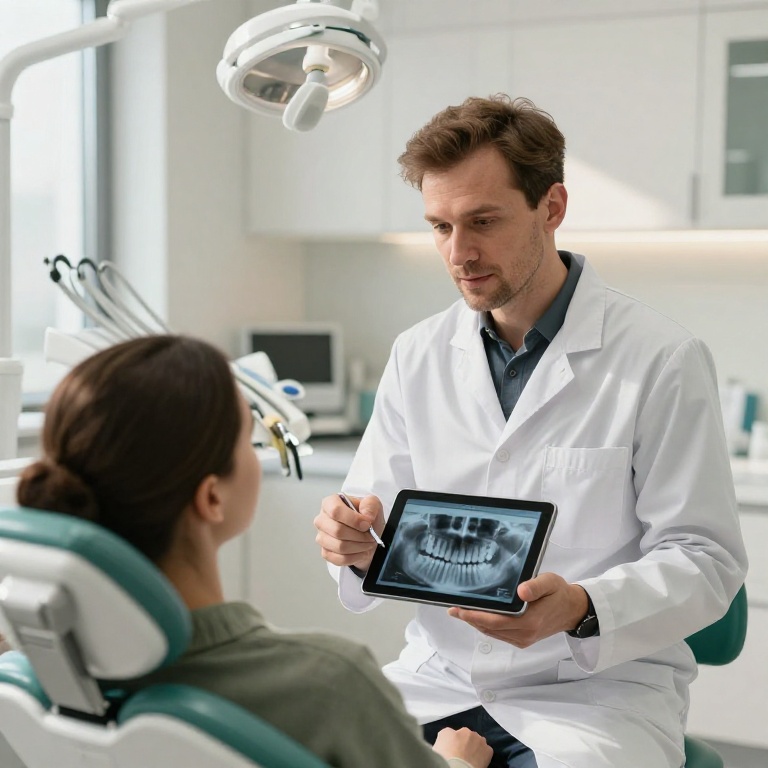 Врач-стоматолог консультирует пациента о плане лечения имплантации в современной клинике