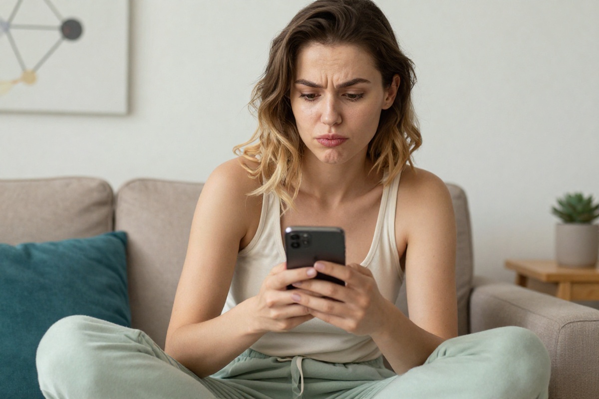 Женщина задумчиво смотрит в смартфон, выбирая VPN-сервис в домашней обстановке